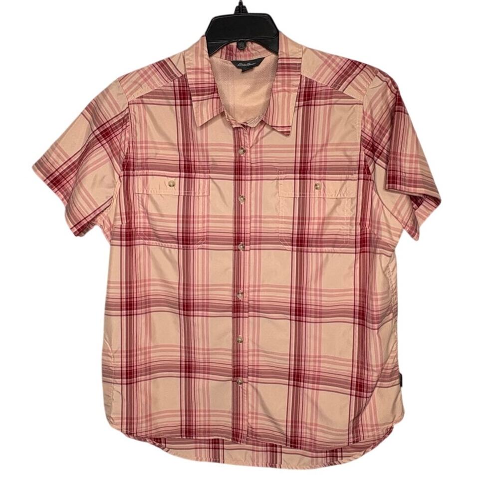 Eddie Bauer Pink Plaid Short Sleeve Button Down Gorpcore Outdoor Shirt Size XL